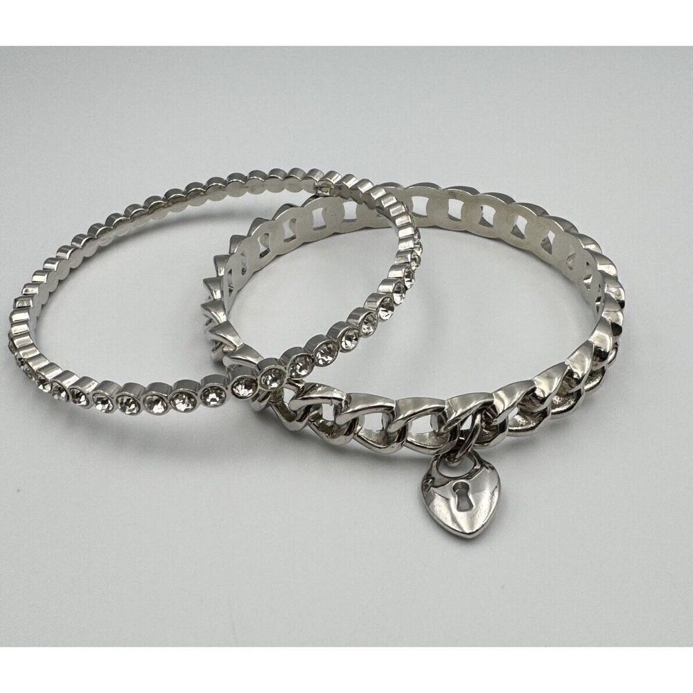 Set of 2 Graziano CN Silver Tone Stack Bangle Bracelets Pave Rhinestones 8.5
